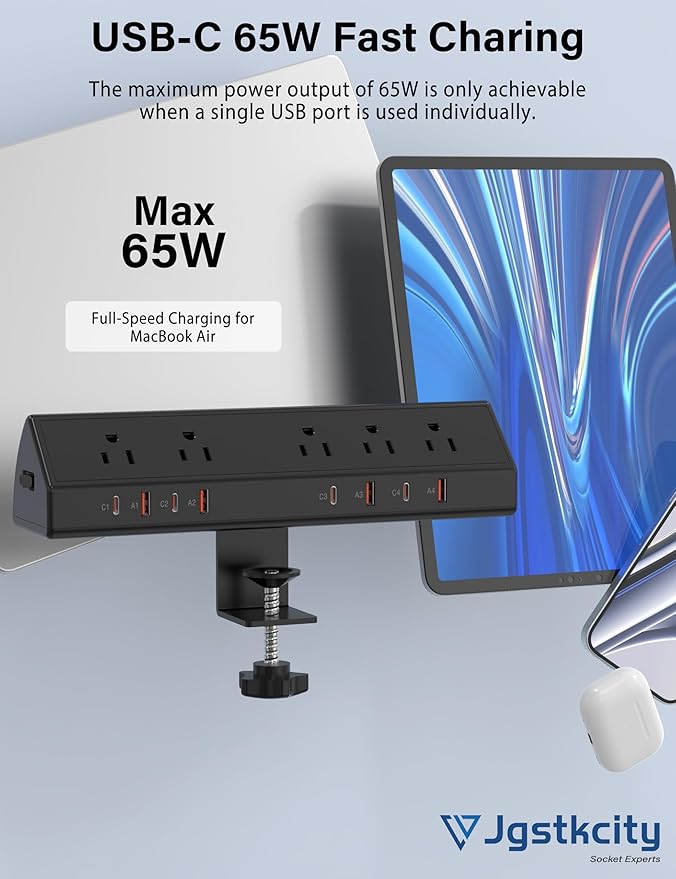 Desk Clamp Power Strip 65W Fast Charging Station, 4 PD USB-C, 5 Outlets