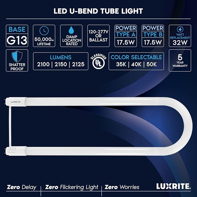 Luxrite U Bend LED Tube Light, T8 T12, 3 Colors 3500K | 4000K | 5000K, 2100 (...