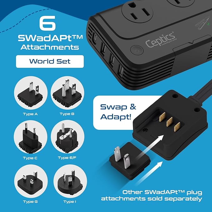 Ceptics - 6 in 1 Travel Adapter and Voltage Converter, 220V to 110V Converter