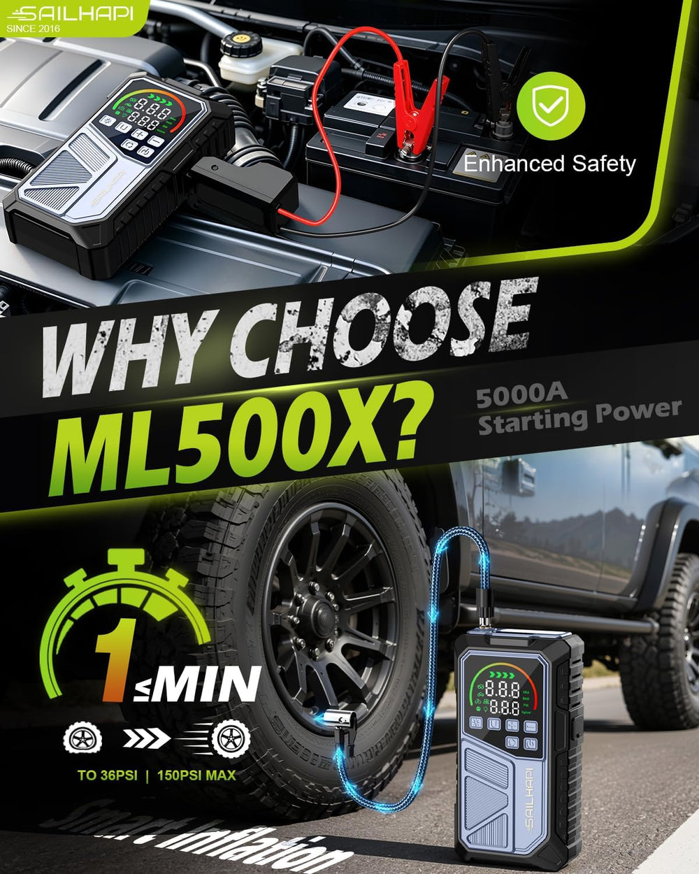 Jump Starter with Air Compressor, 5000A Car Battery Jump Box