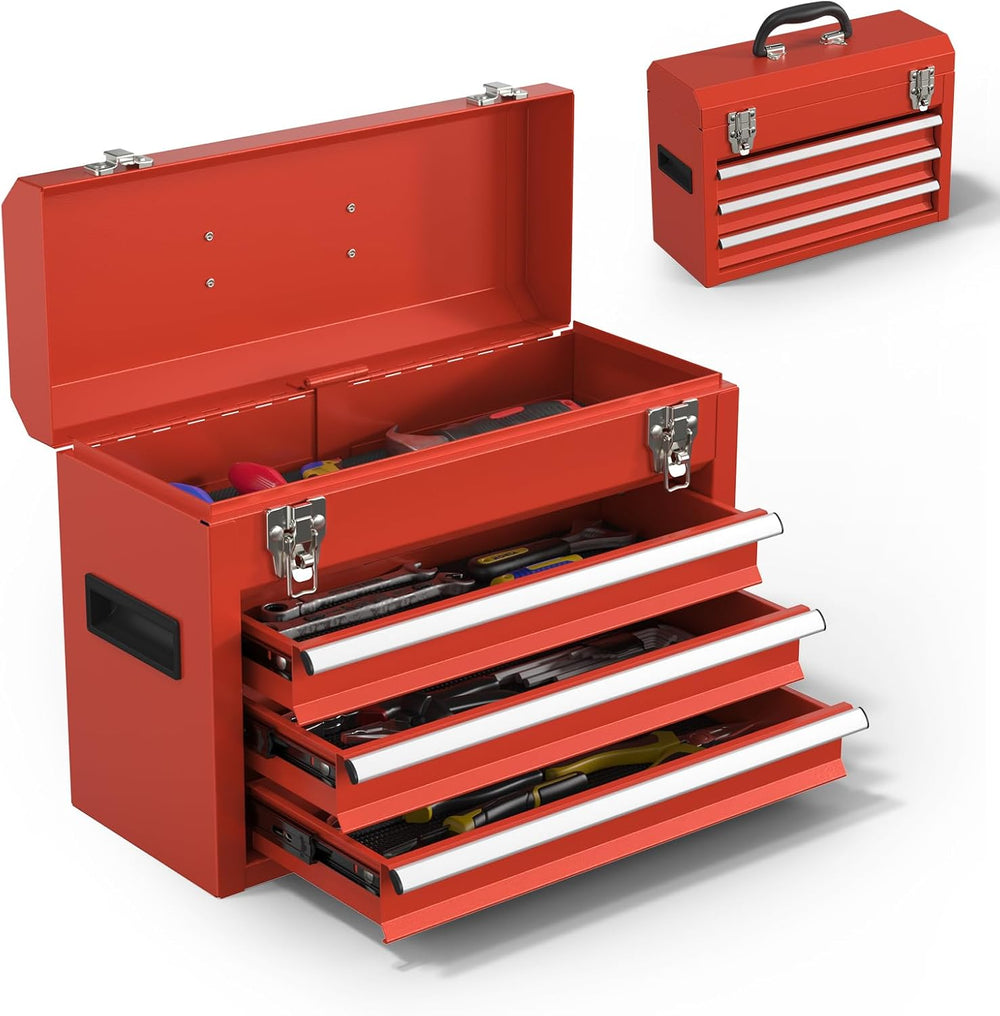 Portable Metal Tool Box – 3 Drawers Lockable Mini Toolbox, Heavy-Duty Tool Ch...