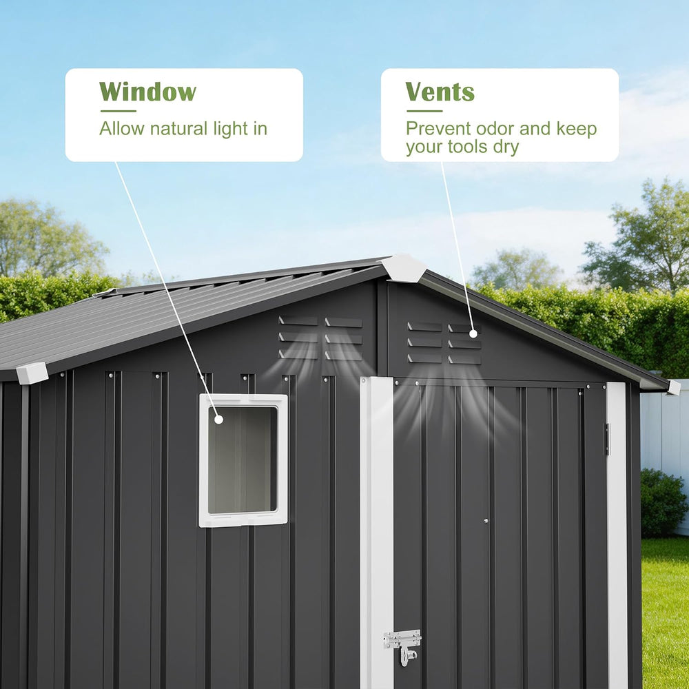Outdoor Metal Storage Shed 6x4 FT,Gray Lockable Storage Shed, Window & Ve...