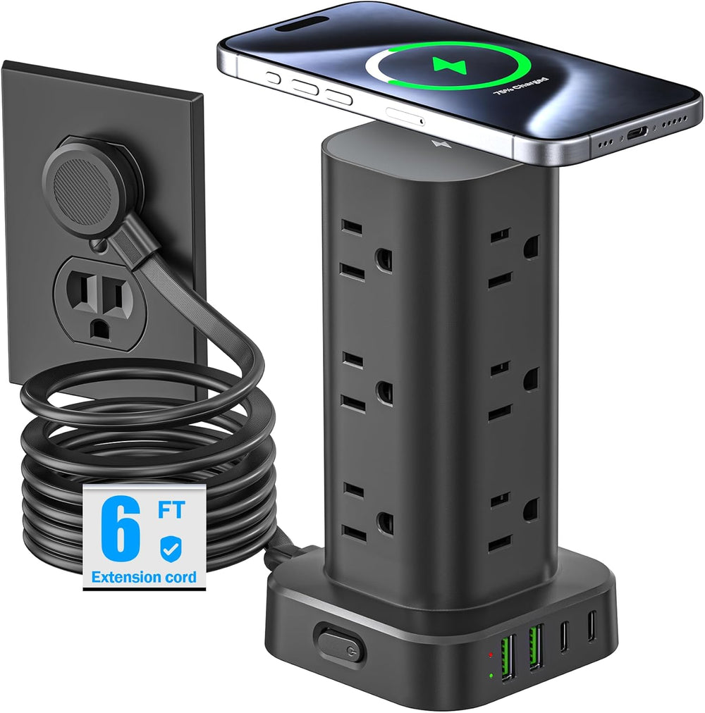 Tower Power Strip with 15W Wireless Charger, 6FT Flat Plug Extension Cord with