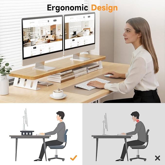 NestNeat Dual Monitor Stand Riser, 39 Inch Large Wood Monitor Stands