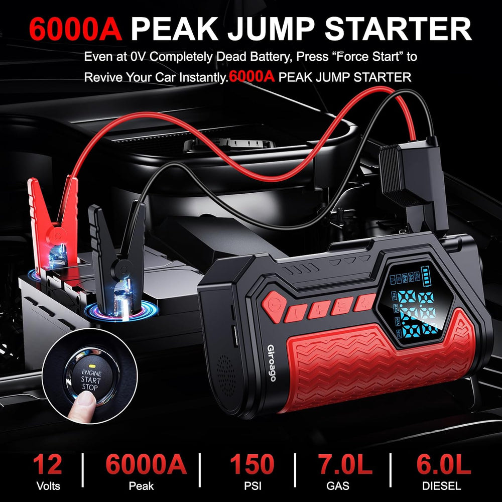 6000A Jump Starter with Air Compressor,150PSI Tire Inflator for Car
