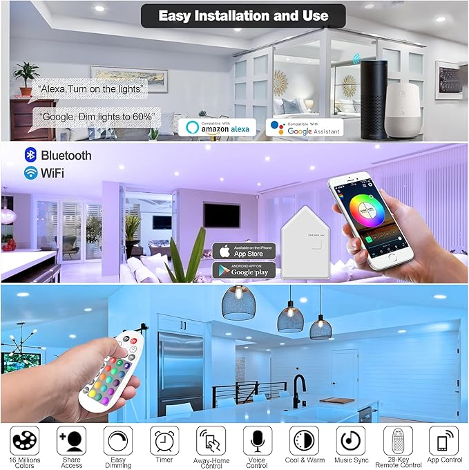 VANANCE Smart Can Light 6 Inch, 2700K-6500K CCT Selectable, RGB Remote LED (4...