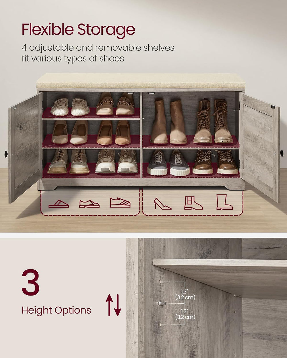 VASAGLE 3-Tier Shoe Storage Bench with Cushion, 14 x 39.8 x 20.7 Inches