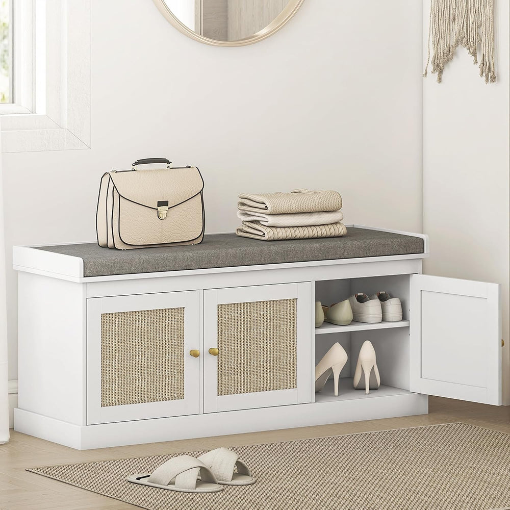 HOMCOM Shoe Bench Storage Rattan Doors 13.8 x 41.3 x 18.5 Inches White