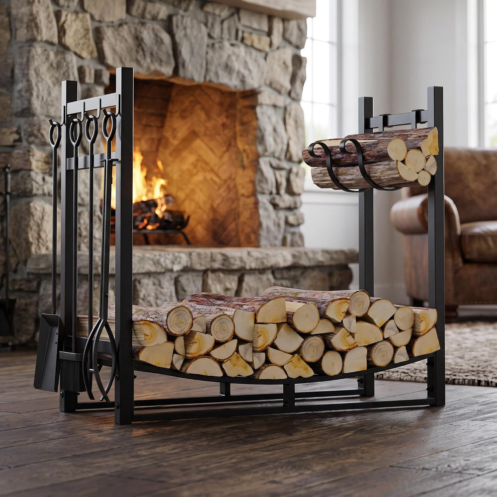 Fire Beauty Firewood Rack Log Holder Wood Storage with 4 Fireplace Tool Set
