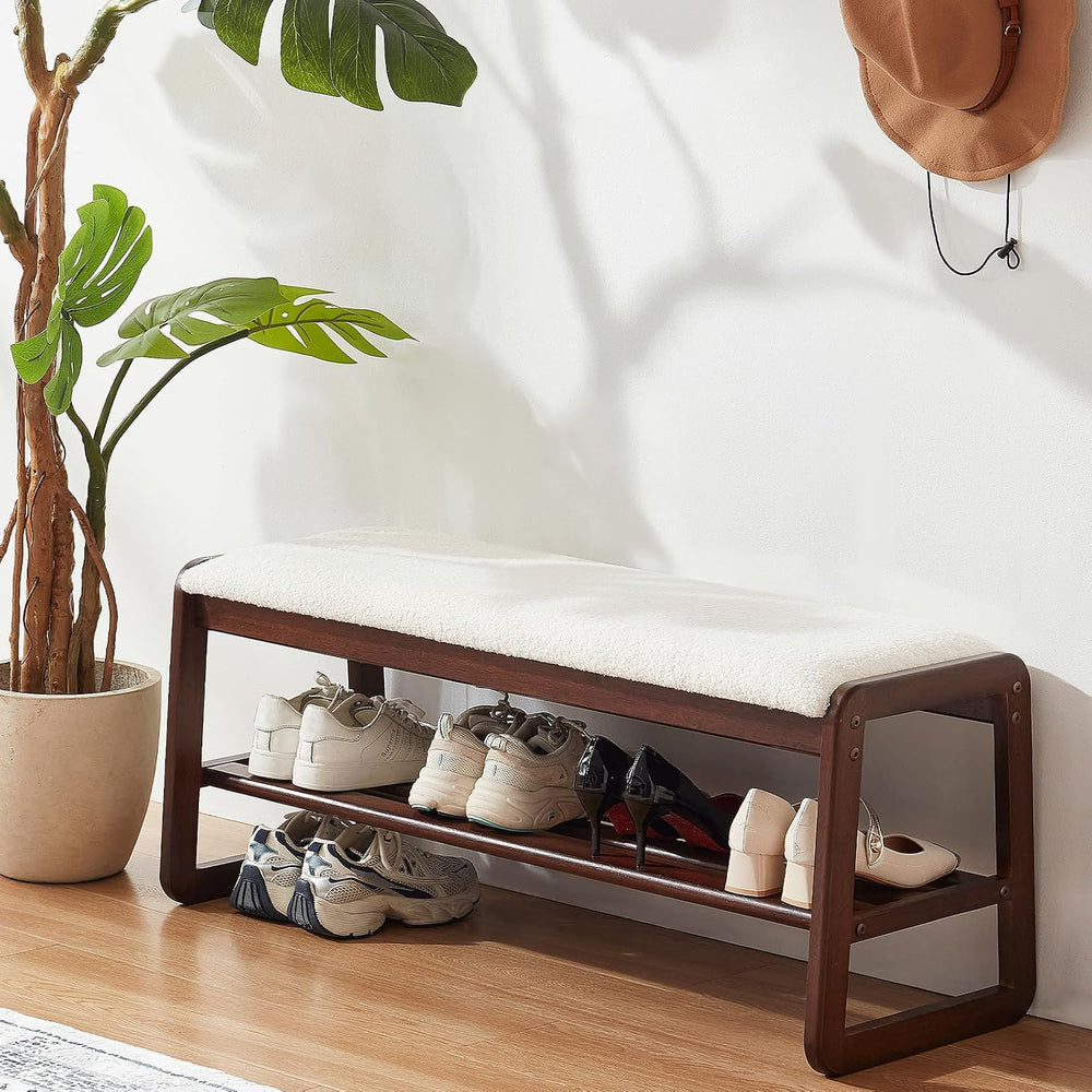 Shoe Rack Bench, 2 Tier Solid Wooden Entryway Bench(Cream White, 39.4")
