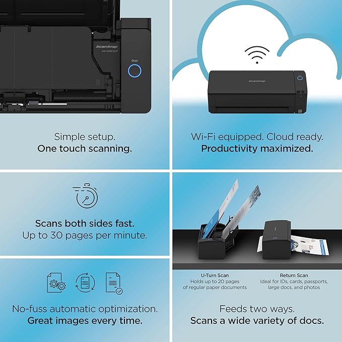 ScanSnap iX1300 Deluxe Compact Wireless or USB Double-Sided Color Document