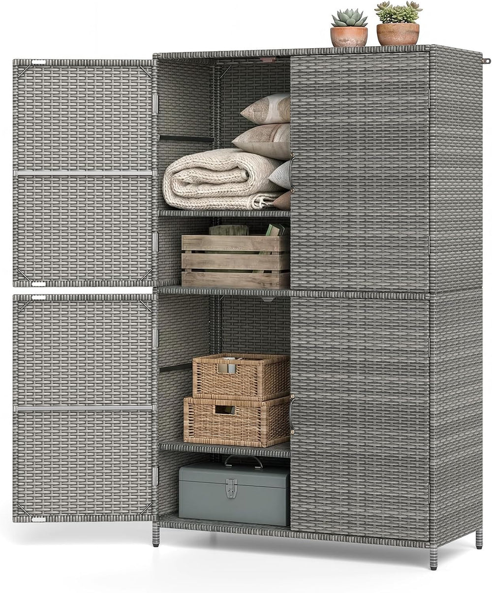 Tangkula Rattan Outdoor Storage Cabinet, Patiojoy Outdoor Cabinet with 2 Adju...