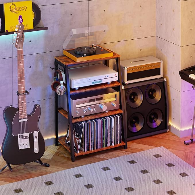 4-Tier AV Media Stand with 2 Hooks, Heavy Duty Stereo Cabinet Furniture-Large