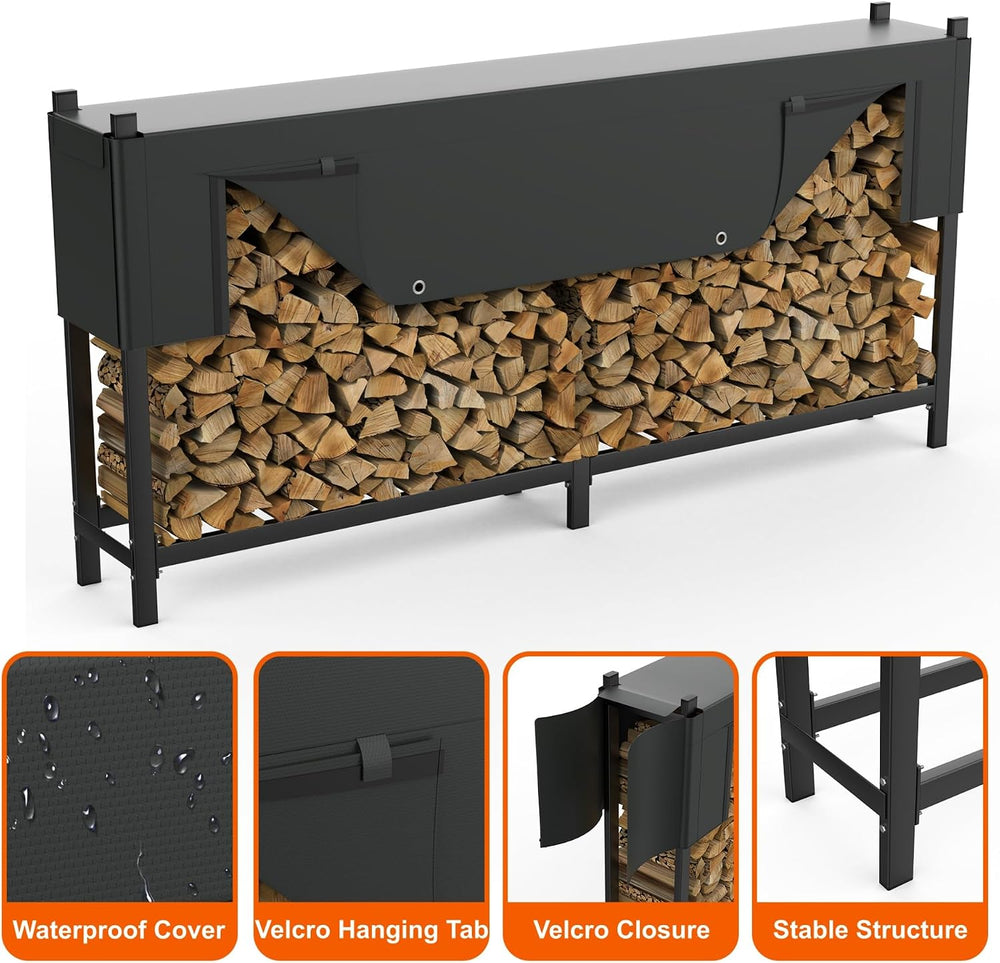 WALMANN Heavy-Duty 8 ft Firewood Rack with Cover & Firewood Carry Bag