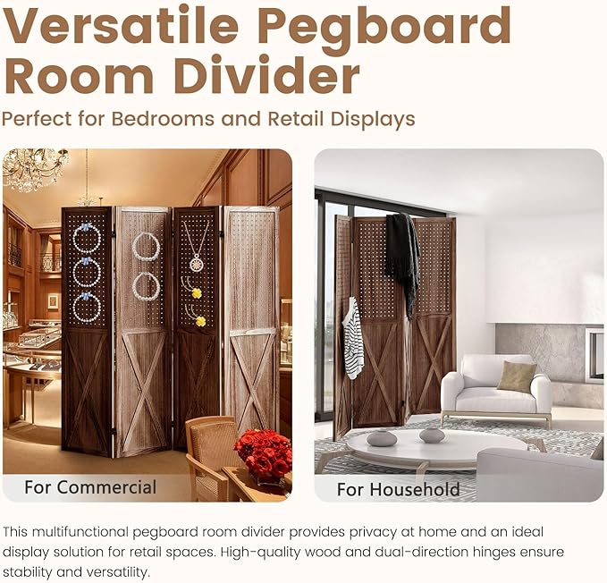 ALeesing 4 Panel Pegboard Wood Room Divider, 5.6Ft Pegboard Display Folding