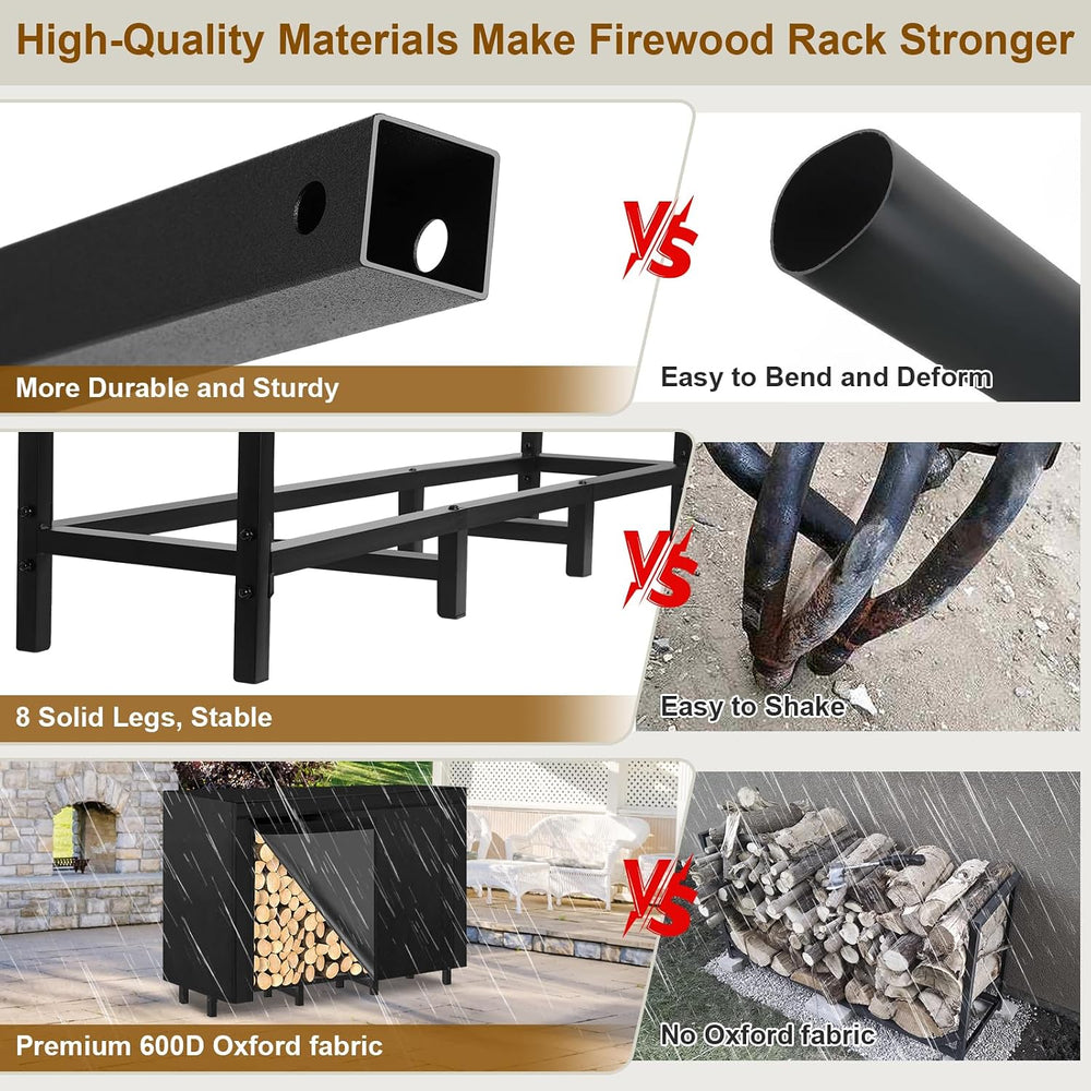 4FT Outdoor Firewood Rack, Wood Storage with 600D Waterproof Oxford Cover Hea...