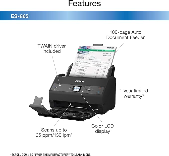 Epson Workforce ES-865 High Speed Color Duplex Document Scanner