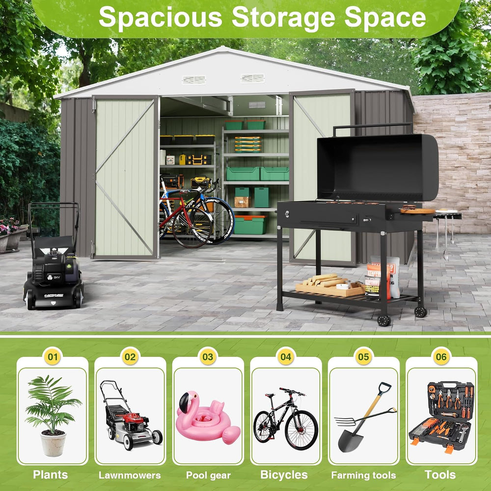 JUMMICO 10x10 FT Outdoor Storage Shed, Grey