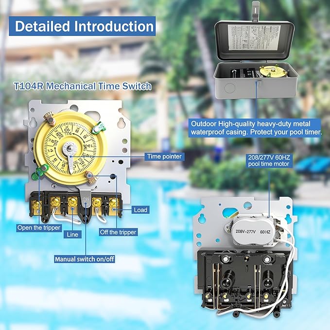 T104R Mechanical Timer Switch, 208–277 VAC 40 Amp, Pool Pump Switch, 24 Hour 12