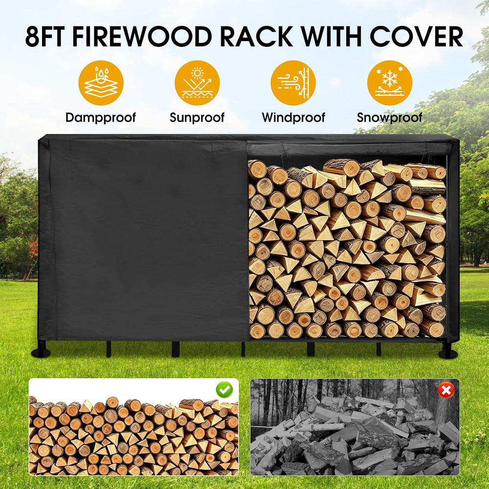 8ft Firewood Rack Outdoor with Cover, Fire Wood Storage Racks