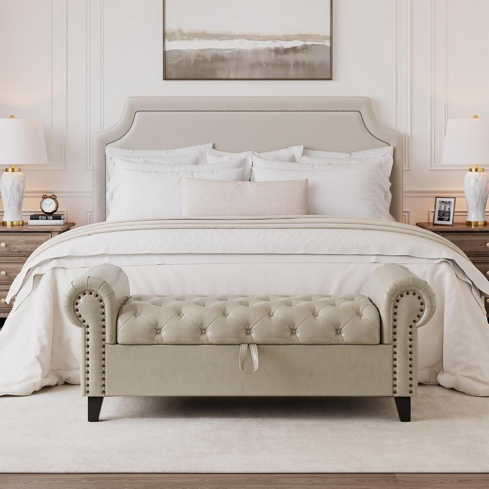 51 Inch Faux Leather Storage Bench with Rolled Arms, Chesterfield Tufted Otto...