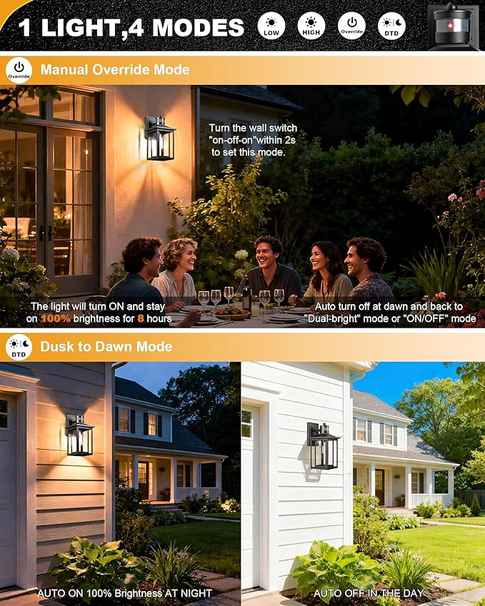 LTBLIGHT 2-Pack Motion Sensor Outdoor Lights, Modern Black Dusk to Dawn Porch