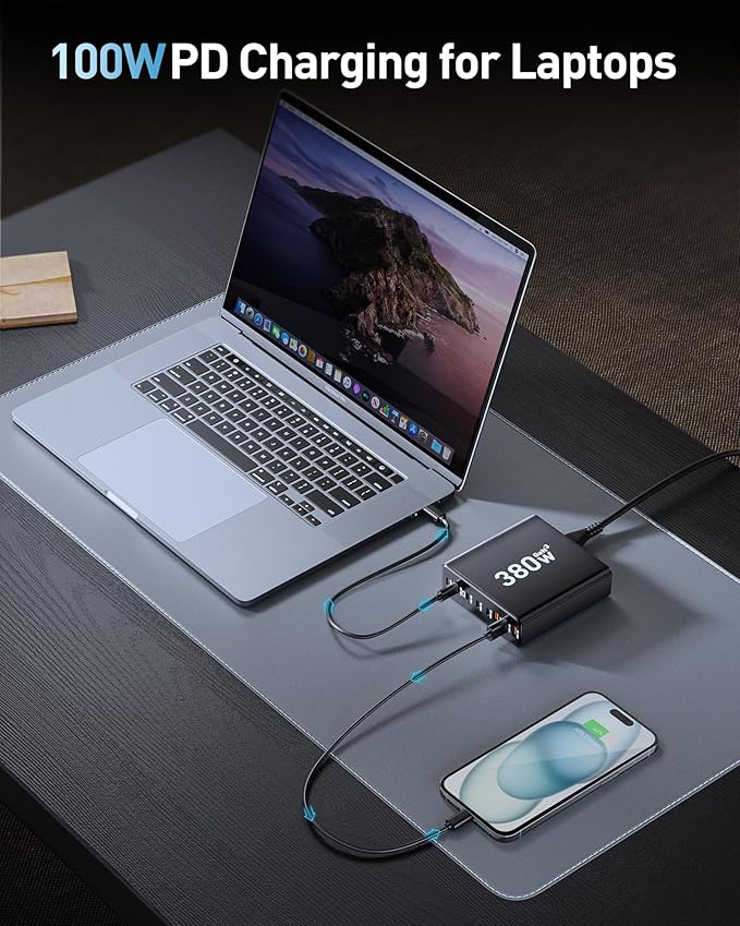 380W USB C Charger Block, with 4 USB Cables 8-Port USB C Charging Station Dual