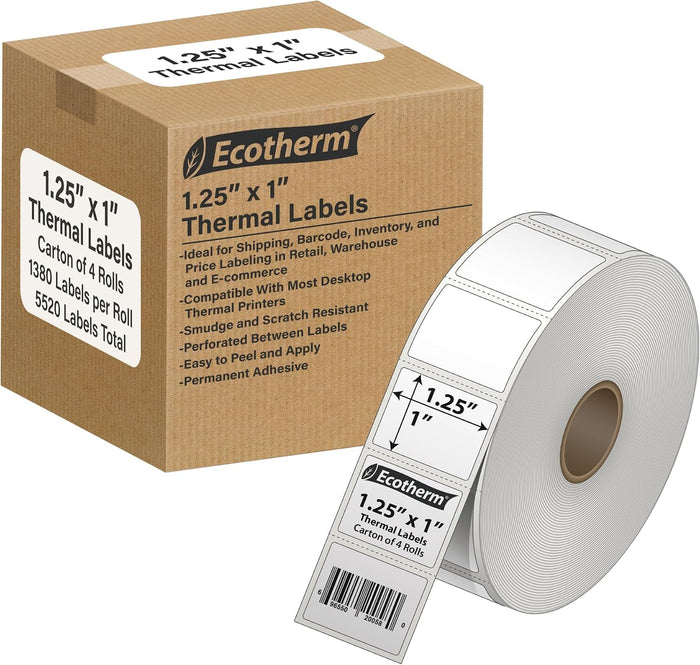 1.25" x 1" Thermal Labels | 4 Rolls | 5520 Labels | fits Zebra, Offnova Thermal