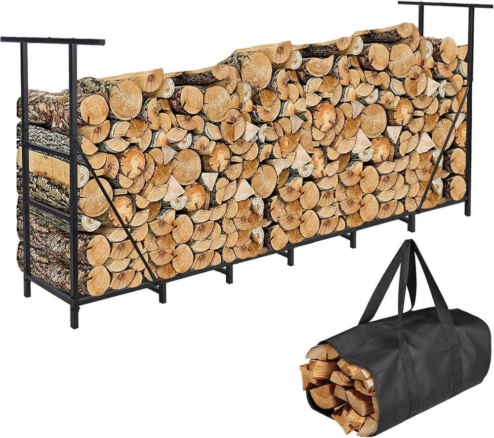 HONEST OUTFITTERS 8ft Firewood Rack Outdoor, Adjustable Heavy Duty Firewood H...