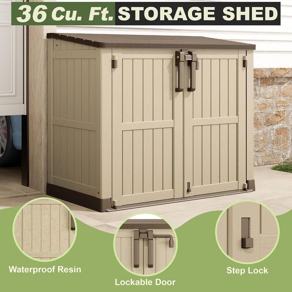 Plastic Outdoor Storage Shed, 36 Cu Ft Waterproof Outdoor Storage Cabinet wit...