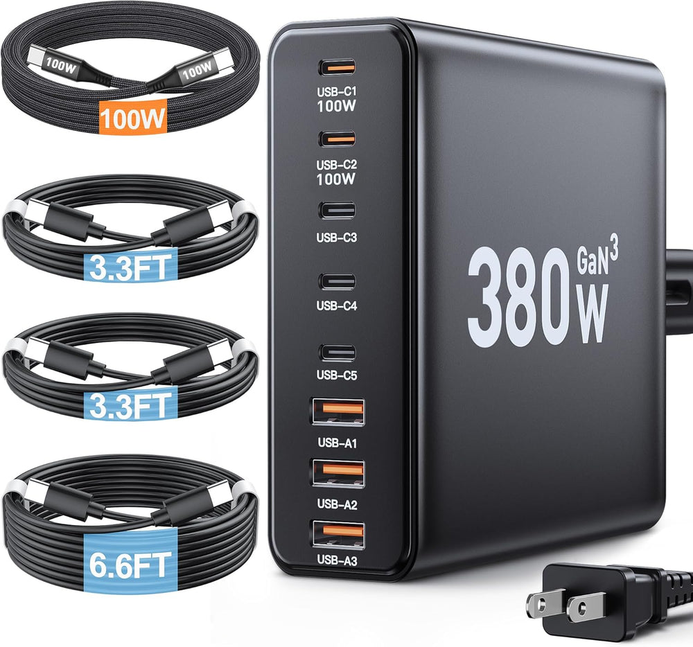 380W USB C Charger Block, with 4 USB Cables 8-Port USB C Charging Station Dual
