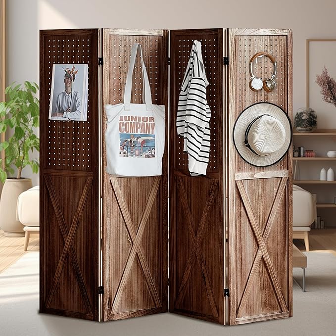 ALeesing 4 Panel Pegboard Wood Room Divider, 5.6Ft Pegboard Display Folding