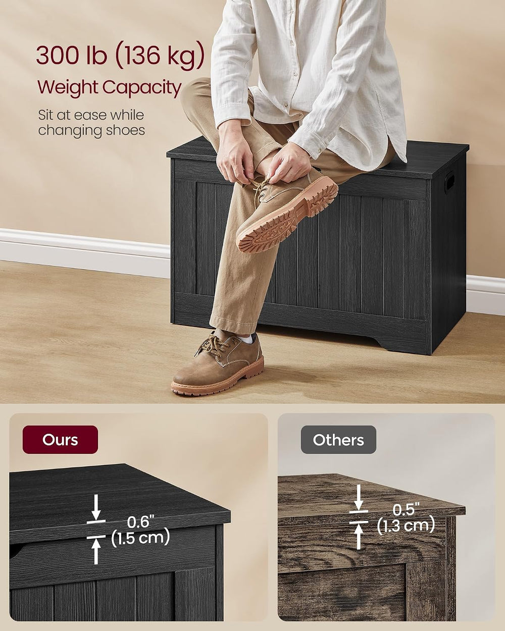 VASAGLE Storage Chest, 29.9 Inches Width Bench with 2 Safety Hinges