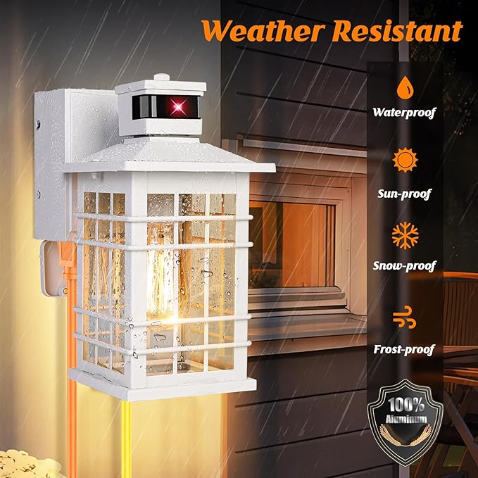 Porch Light with GFCI Outlets Built-in, Motion Sensor Dusk to Dawn Outdoor