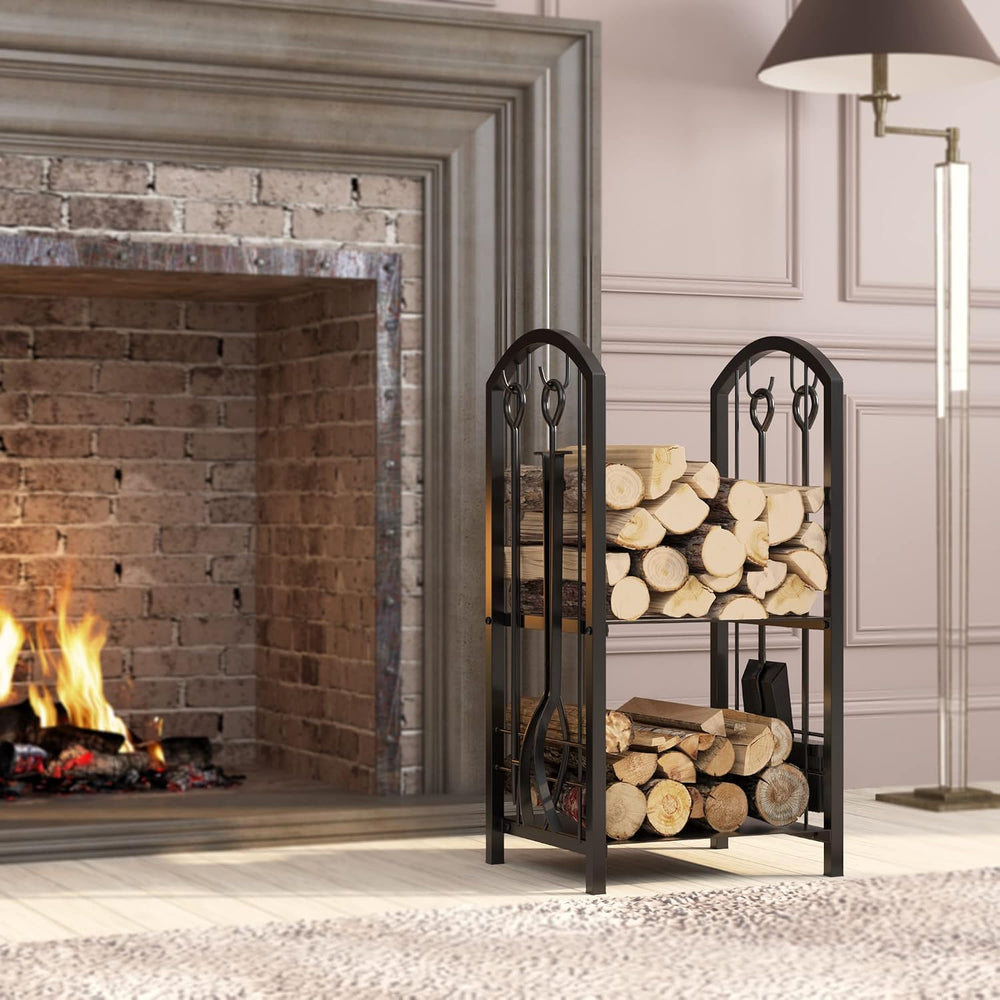 Fire Beauty Firewood Rack Log Holder Wood Storage with 4 Fireplace Tool Set