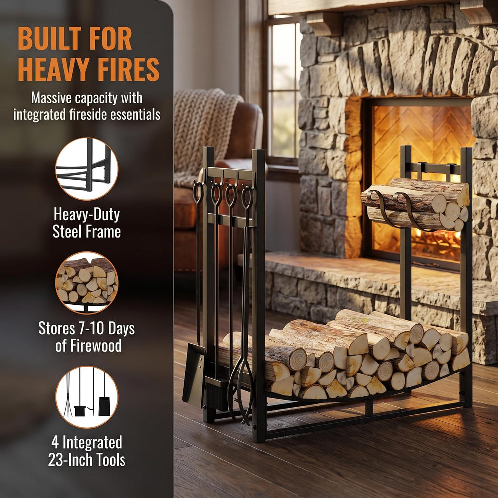 Fire Beauty Firewood Rack Log Holder Wood Storage with 4 Fireplace Tool Set