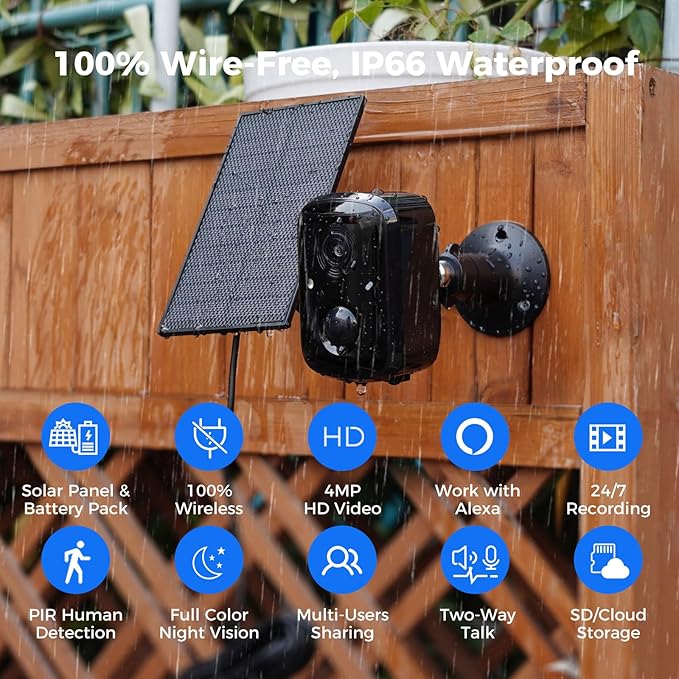 Hiseeu Security Cameras Wireless Outdoor, Solar Powered 3K 4MP Surveillance