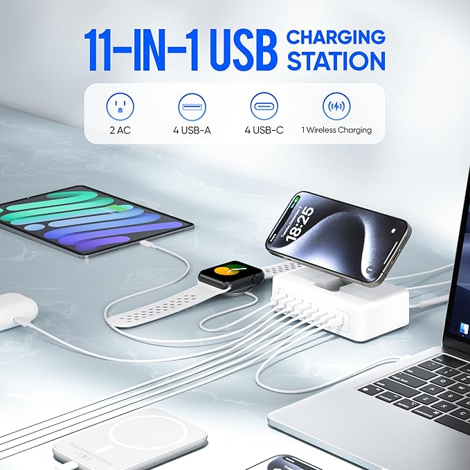 11-in-1 Charging Station USB-C Power Strip, 300W USB C Charger Block, 2AC