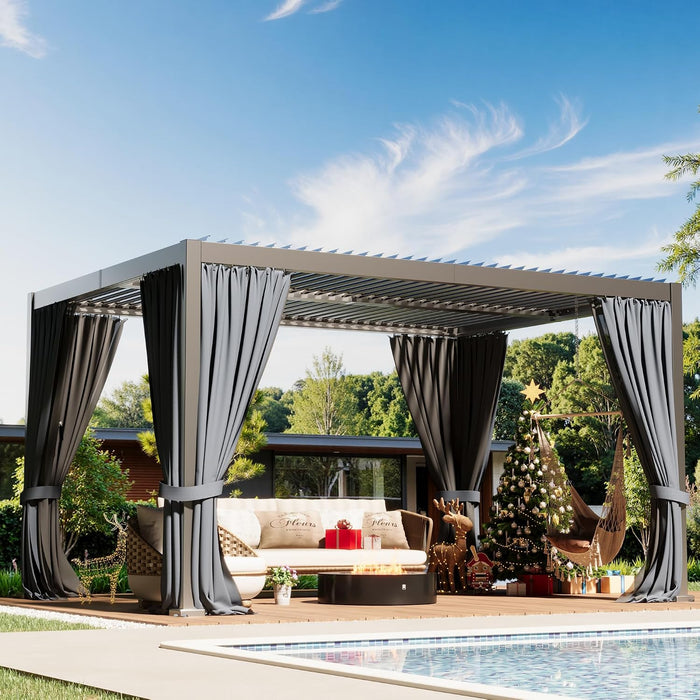 10×13 FT Aluminum Louvered Pergola,Outdoor Metal Pergola with Adjustable Waterproof Louvered Roof, Outdoor Gazebo with Curtains & Nets for Patio,Backyard,Garden (Grey)