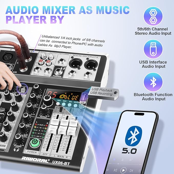 6 Channel Audio Interface Sound Board Mixing Console 16-Bit DSP DJ Mixer Audio