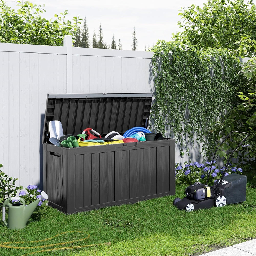 DRATO 85 Gallon Outdoor Storage Box Waterproof, Lockable Resin Deck Box