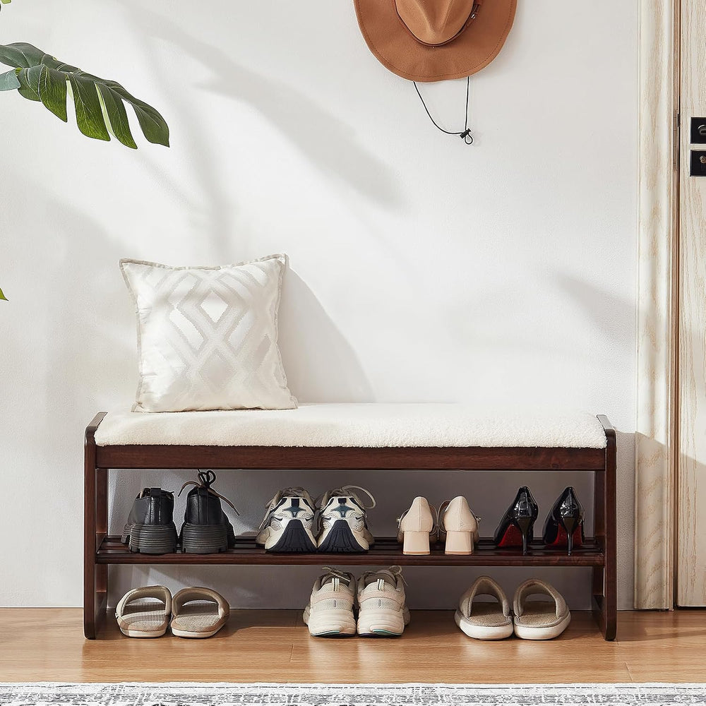 Shoe Rack Bench, 2 Tier Solid Wooden Entryway Bench(Cream White, 39.4")