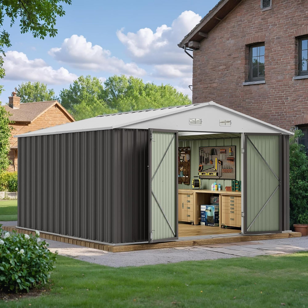 JUMMICO 10x10 FT Outdoor Storage Shed, Grey