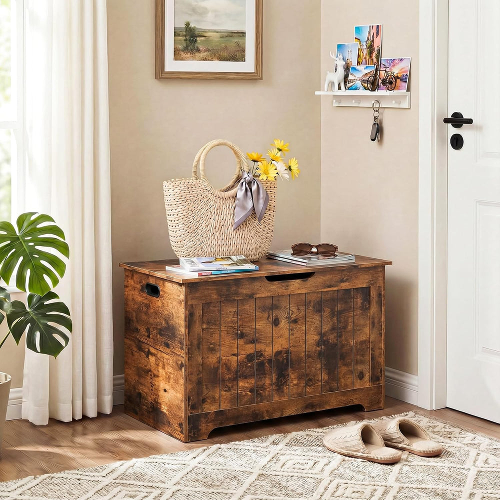 Storage Chest, Wooden Storage Bench with Flip-top Lid & Safety Hinge, Sto...