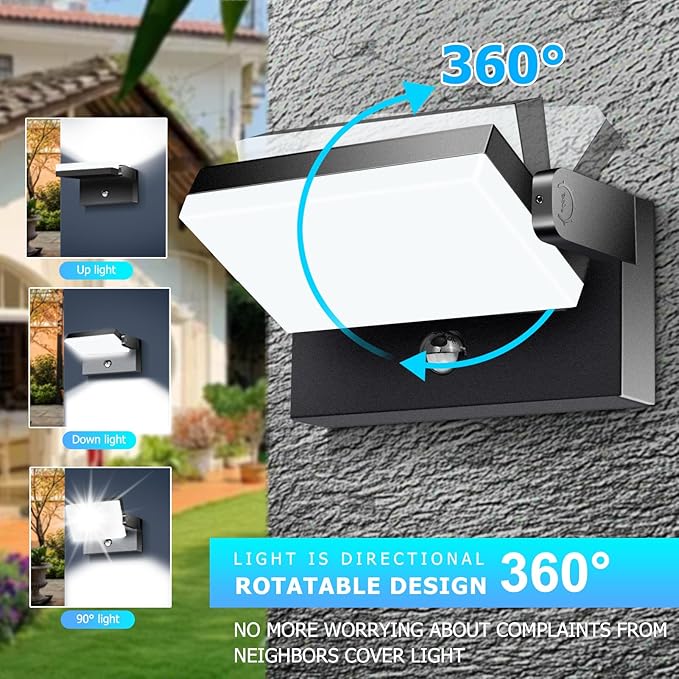 WISELUME 60W LED Outdoor Wall Light – 360° Rotatable, Motion Sensor & Col...