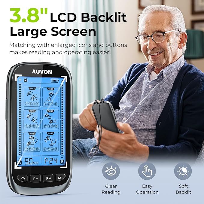 AUVON 3-in-1 TENS Unit Muscle Stimulator, Dual Channel Electronic Pulse Massager