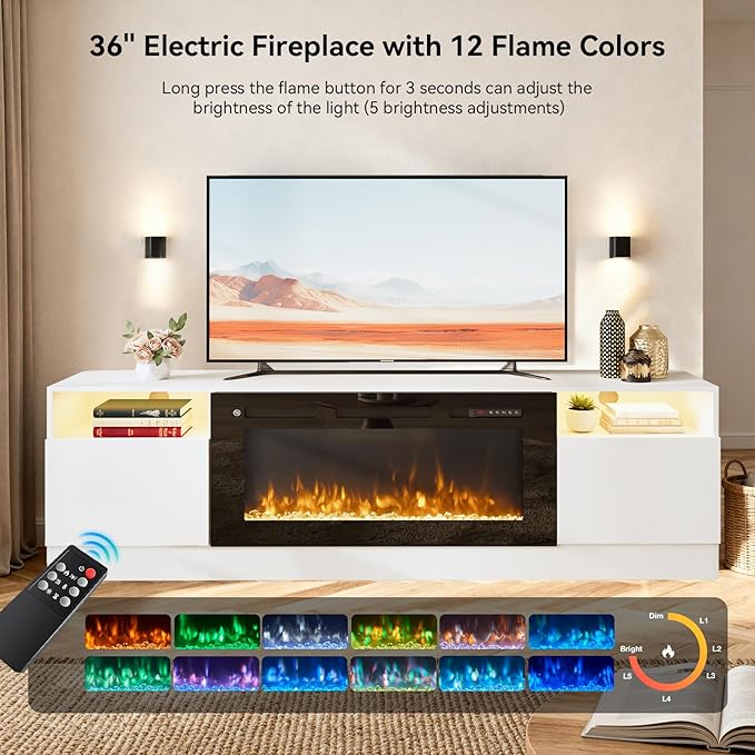 YISUFO 70" TV Stand with 36" Electric Fireplace, Large Modern Media