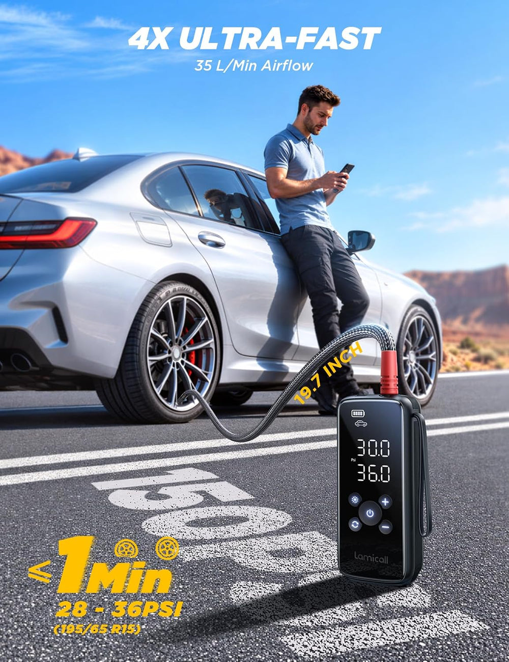 Lamicall Car Tire Inflator Portable Air Compressor, 110W 4X Faster, 150 PSI