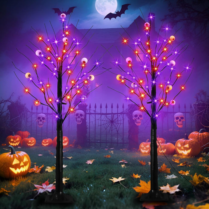 2 Pack 4FT Lighted Black Halloween Tree, Purple & Orange Lights with Timer