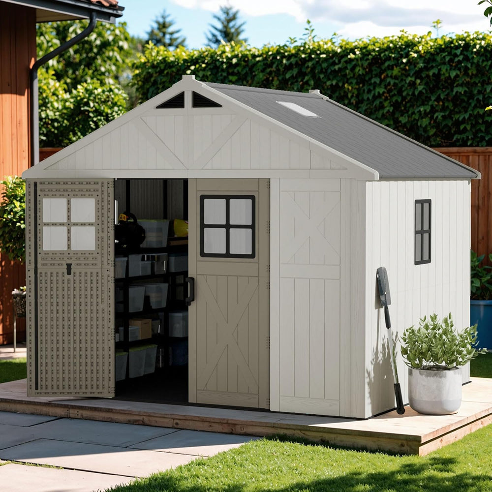 Devoko 10x8 FT Resin Storage Shed with Floor, Large Outdoor Plastic Sheds